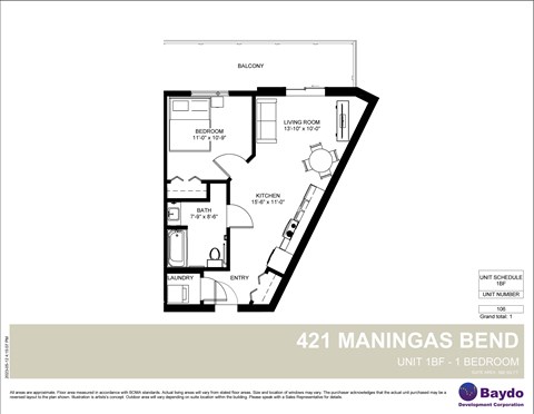 Floor plan for 1 bed, 1 bath, 590 sqft